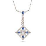 A FRENCH SAPPHIRE, DIAMOND AND PEARL PENDANT NECKLACE in white gold, comprising a fancy link chai...