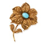 TIFFANY & CO., A VINTAGE TURQUOISE FLOWER BROOCH in 18ct yellow gold, designed as a flower with t...