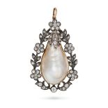 AN ANTIQUE NATURAL SALTWATER BLISTER PEARL AND DIAMOND PENDANT in yellow gold and silver, set wit...