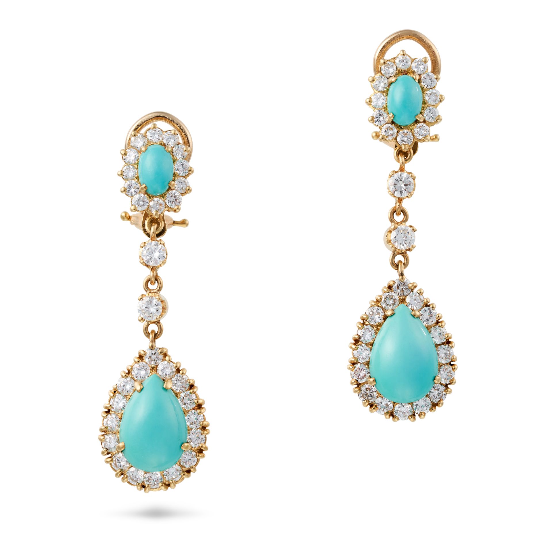 A PAIR OF TURQUOISE AND DIAMOND DROP CLIP EARRINGS each comprising a oval cabochon turquoise in a...