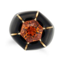 DAVID WEBB, A CITRINE AND ENAMEL RING set with a hexagonal cut citrine, the mount relieved in bla...