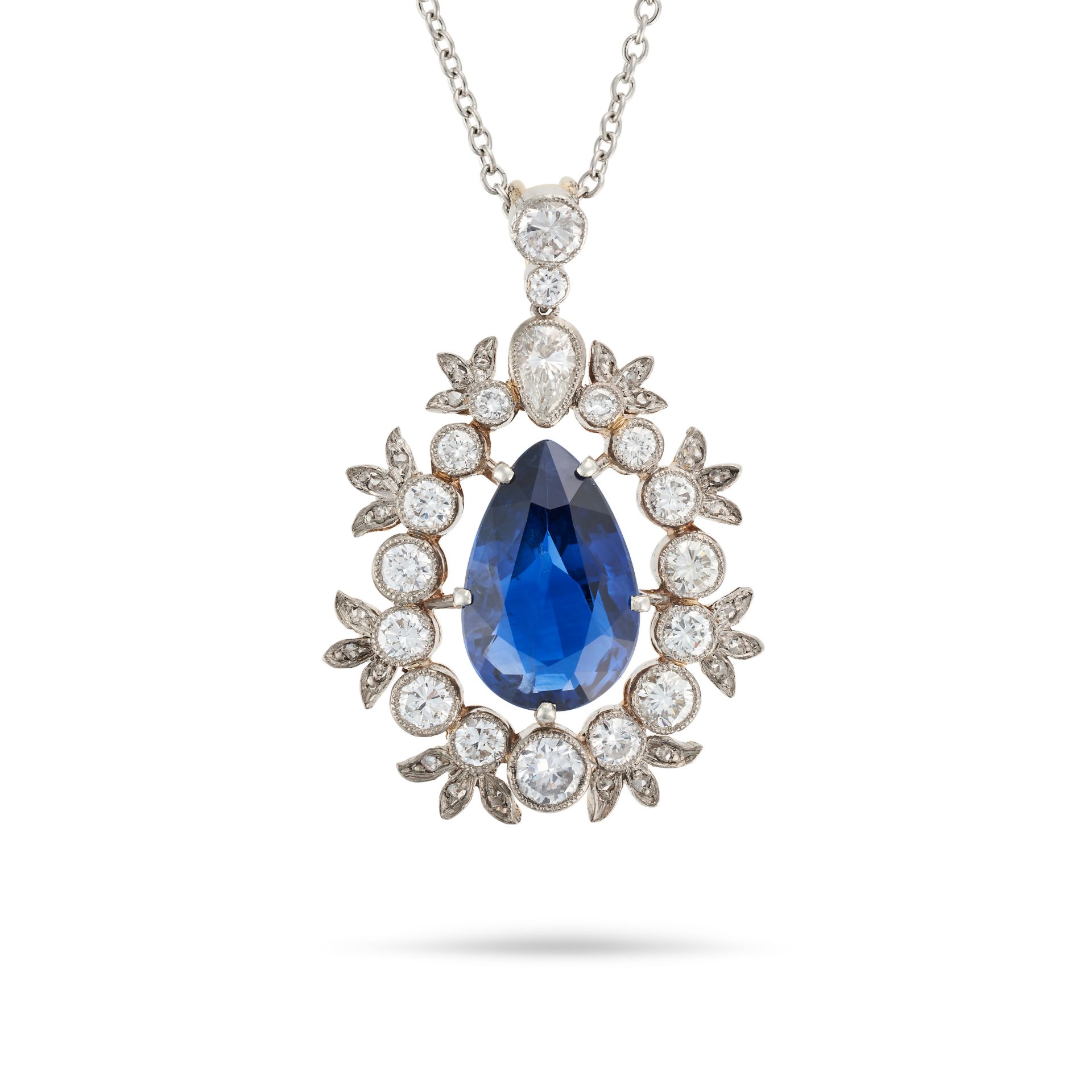 A SAPPHIRE AND DIAMOND PENDANT NECKLACE the pendant set with a pear cut sapphire of approximately...