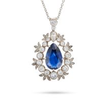 A SAPPHIRE AND DIAMOND PENDANT NECKLACE the pendant set with a pear cut sapphire of approximately...