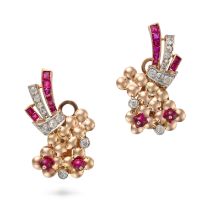 A PAIR OF RETRO SYNTHETIC RUBY AND DIAMOND FLORAL CLIP EARRINGS each designed as a floral spray s...