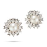 A PAIR OF NATURAL SALTWATER PEARL AND DIAMOND CLUSTER EARRINGS each set with a pearl of 7.1mm res...