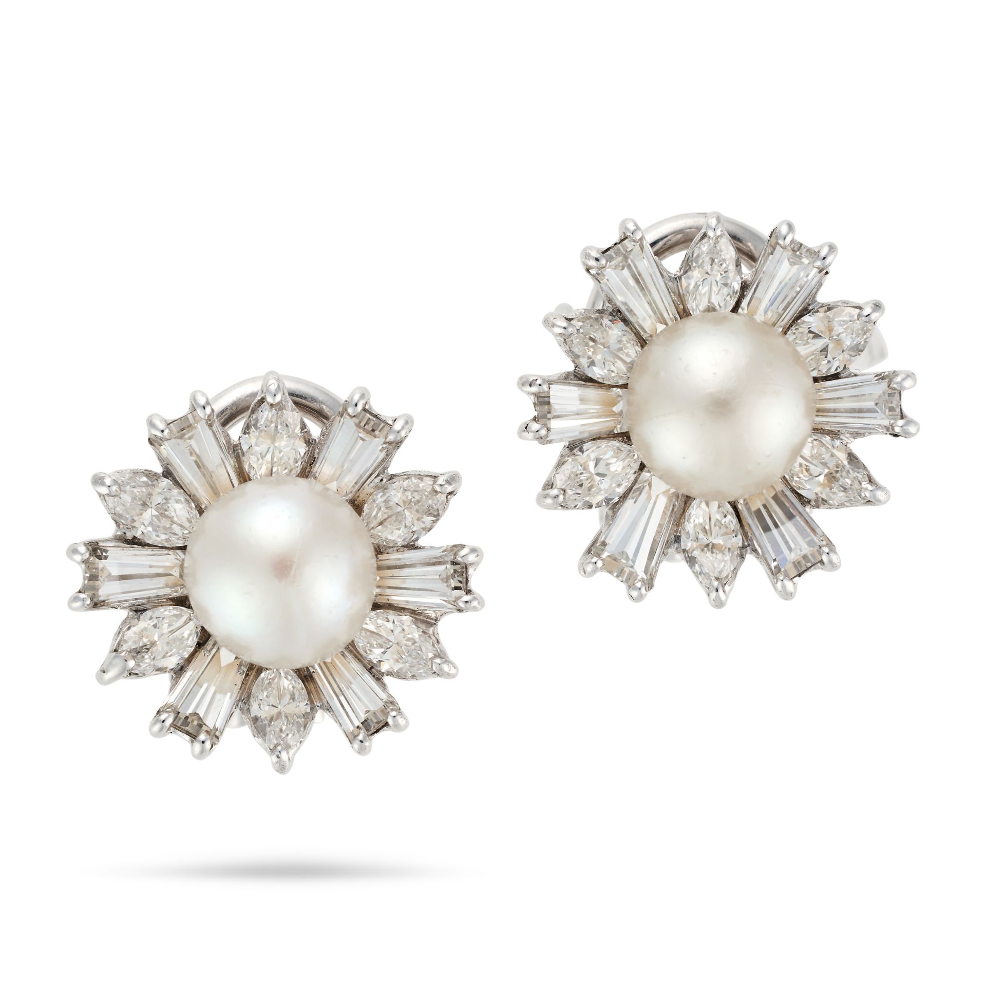 A PAIR OF NATURAL SALTWATER PEARL AND DIAMOND CLUSTER EARRINGS each set with a pearl of 7.1mm res...