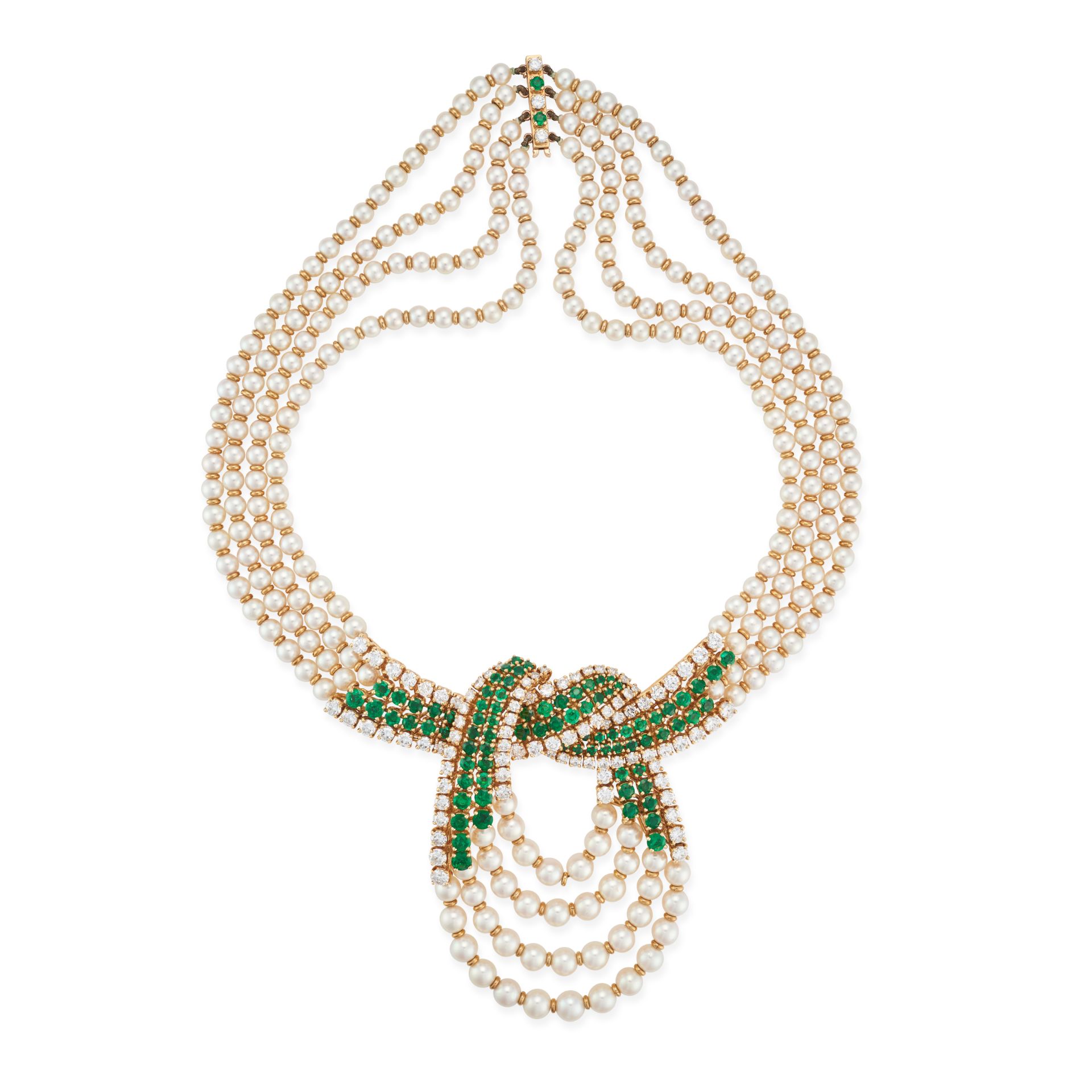 CHAUMET, AN EMERALD, DIAMOND AND PEARL NECKLACE in 18ct yellow gold, comprising four rows of pear...
