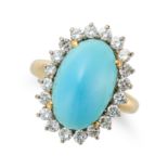 A TURQUOISE AND DIAMOND CLUSTER RING set with an oval cabochon turquoise in a cluster of round br...