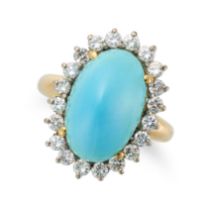 A TURQUOISE AND DIAMOND CLUSTER RING set with an oval cabochon turquoise in a cluster of round br...