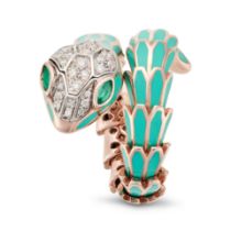 ALEXIS NY, A DIAMOND, EMERALD AND ENAMEL SNAKE RING comprising a row of articulated links decorat...