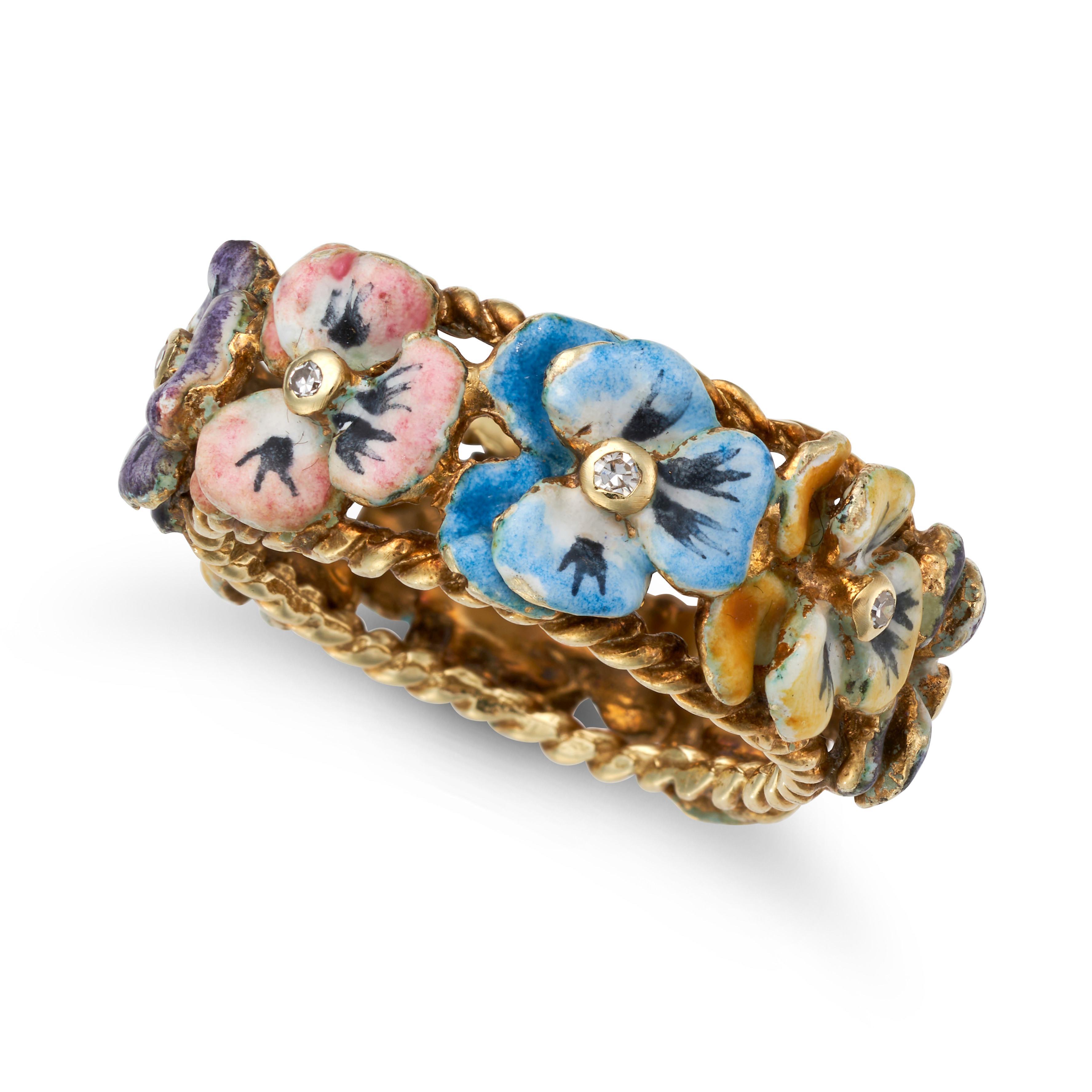 A DIAMOND AND ENAMEL PANSY RING set all around with pansy motifs relieved variously in pink, yell...