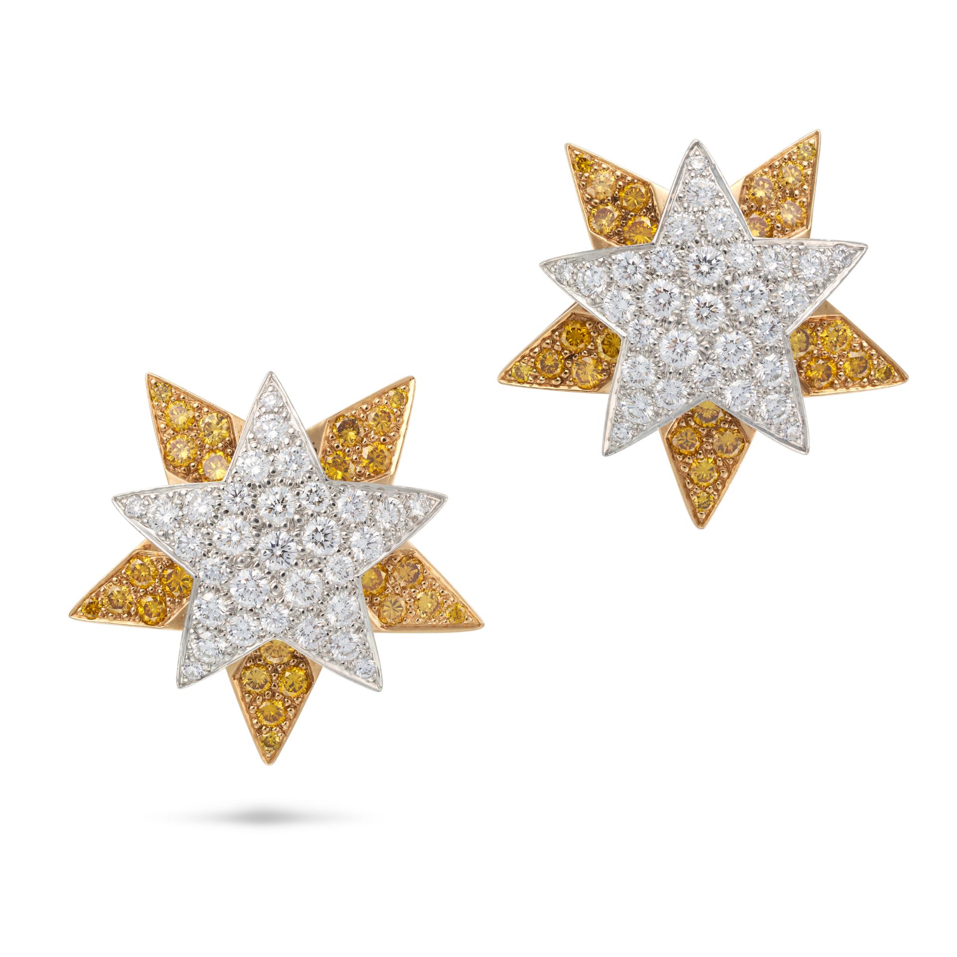 OSCAR HEYMAN, A PAIR OF YELLOW AND WHITE DIAMOND STAR CLIP EARRINGS each designed as two overlapp... - Image 2 of 2