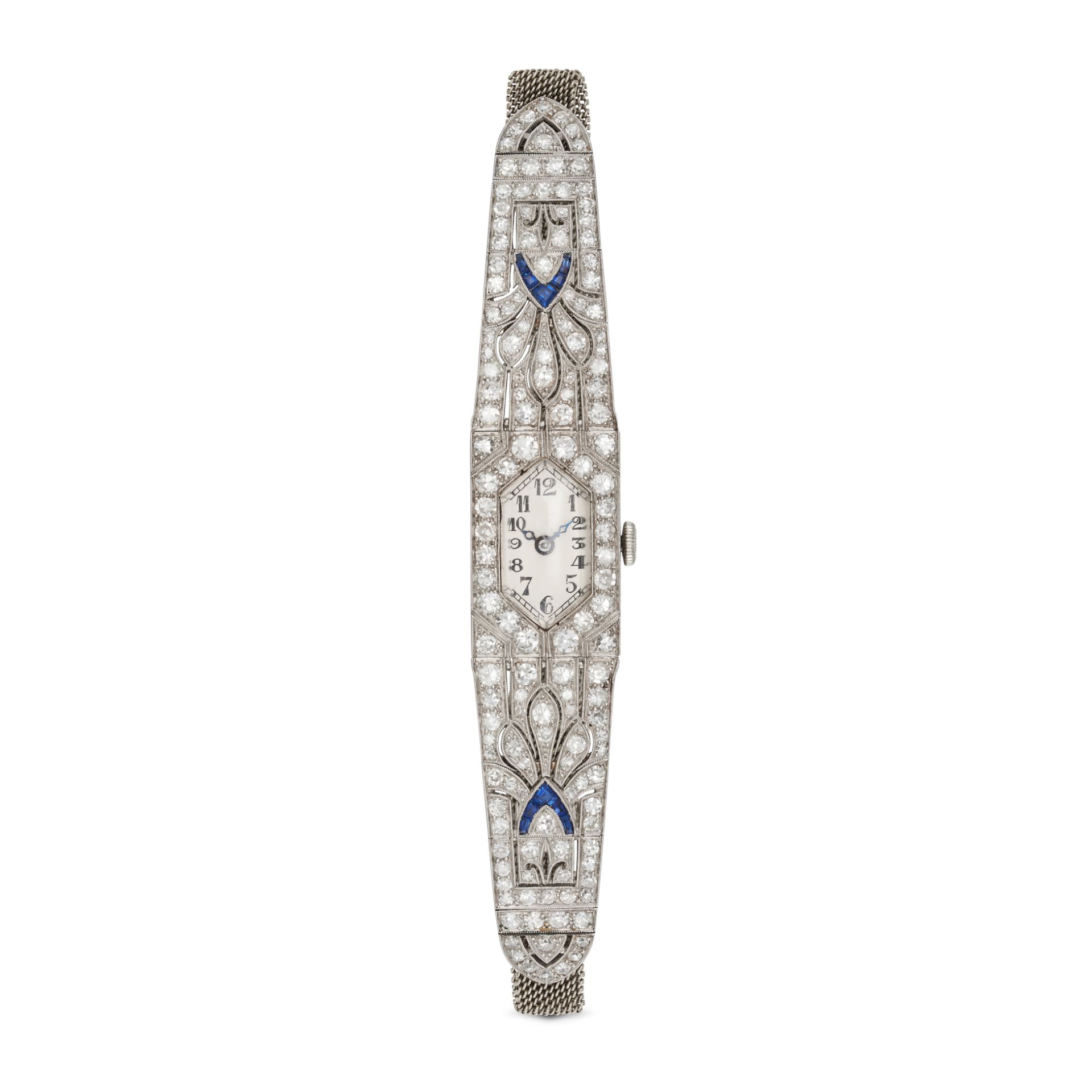 AN ART DECO SAPPHIRE AND DIAMOND COCKTAIL WATCH in platinum, the hexagonal watch face accented by... - Image 2 of 2