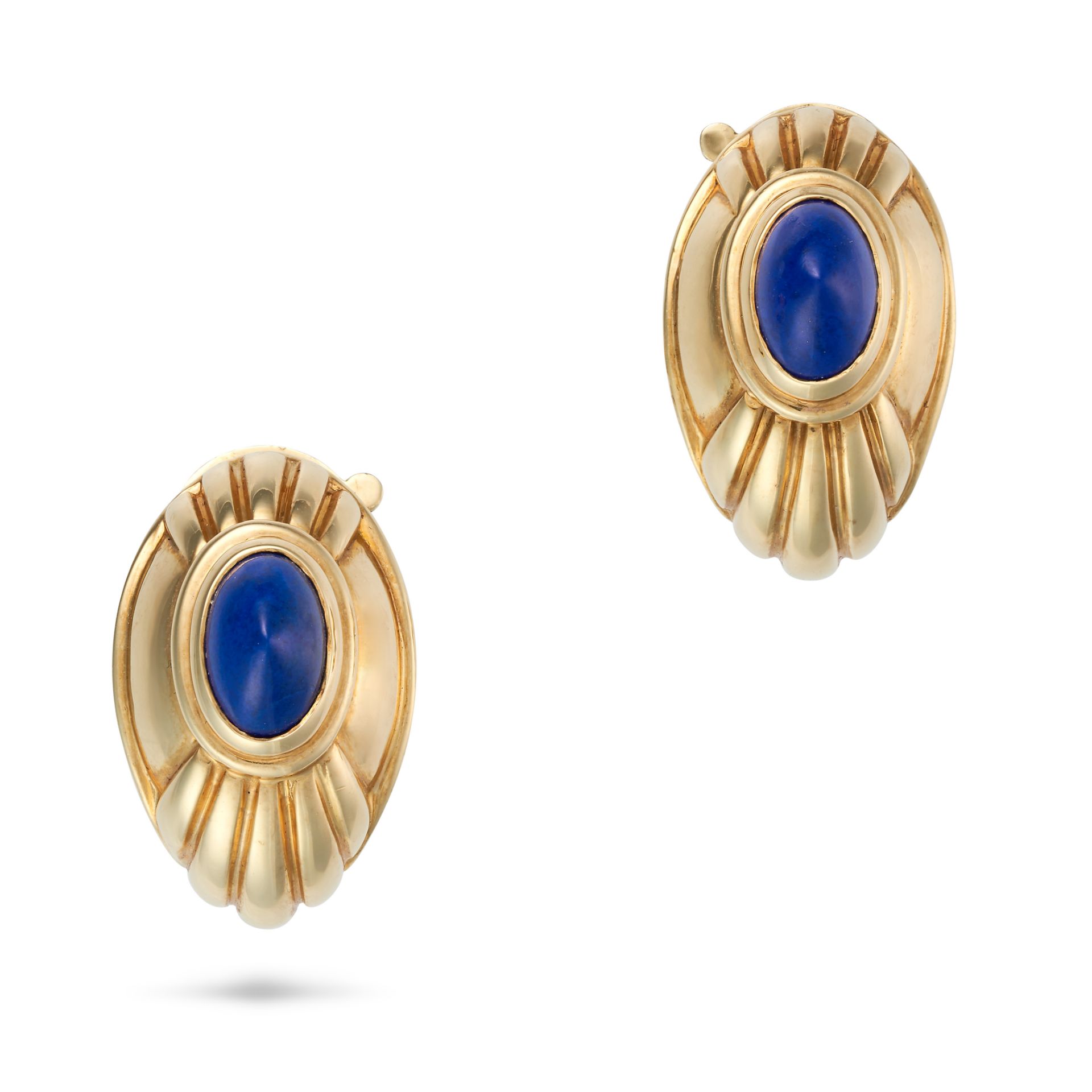 BOUCHERON, A PAIR OF LAPIS LAZULI CLIP EARRINGS in 18ct yellow gold, the fluted earrings each set...