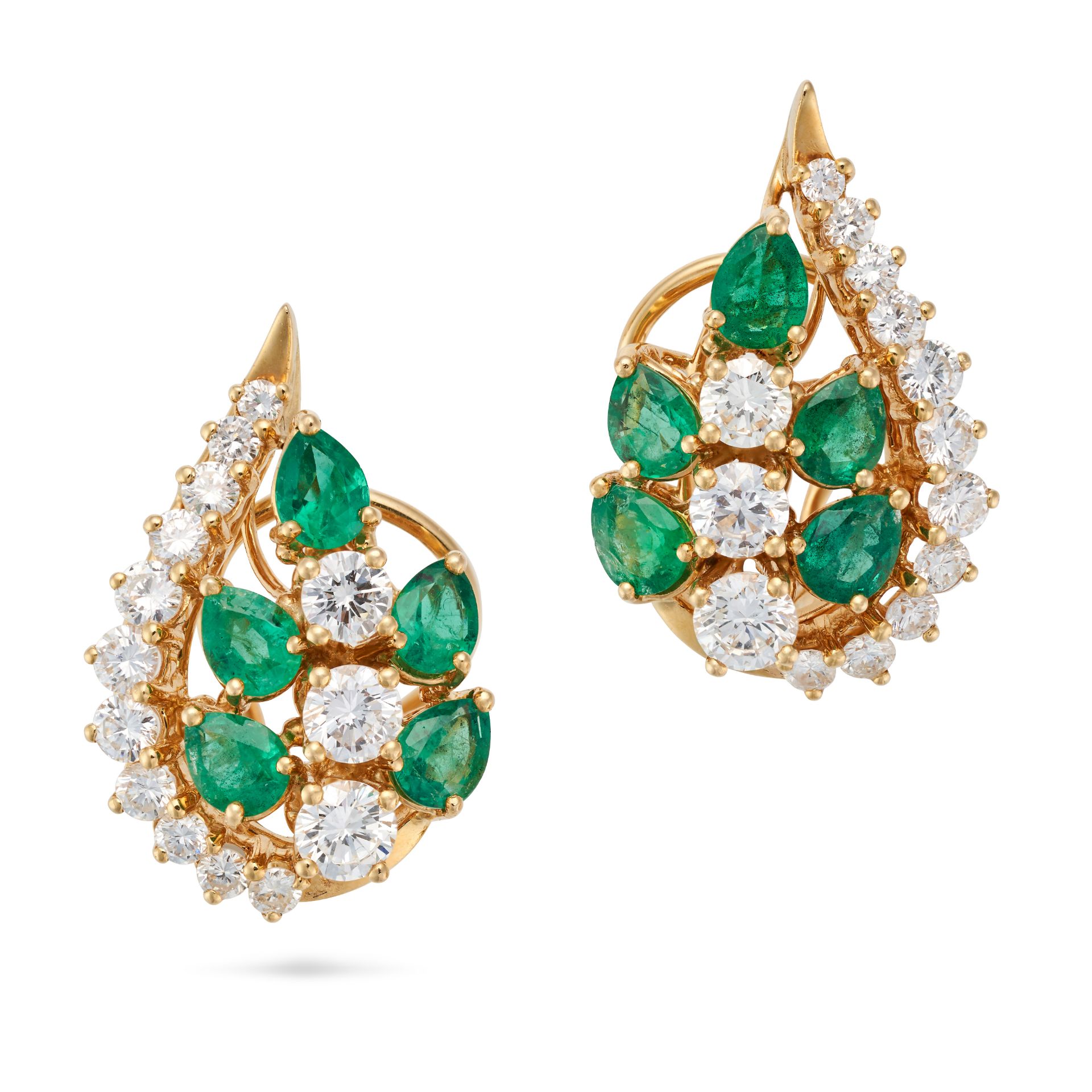 A PAIR OF EMERALD AND DIAMOND PAISLEY EARRINGS each set with pear cut emeralds and round brillian... - Image 2 of 2