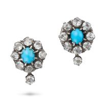 A PAIR OF ANTIQUE TURQUOISE AND DIAMOND EARRINGS in yellow gold and silver, each set with a caboc...