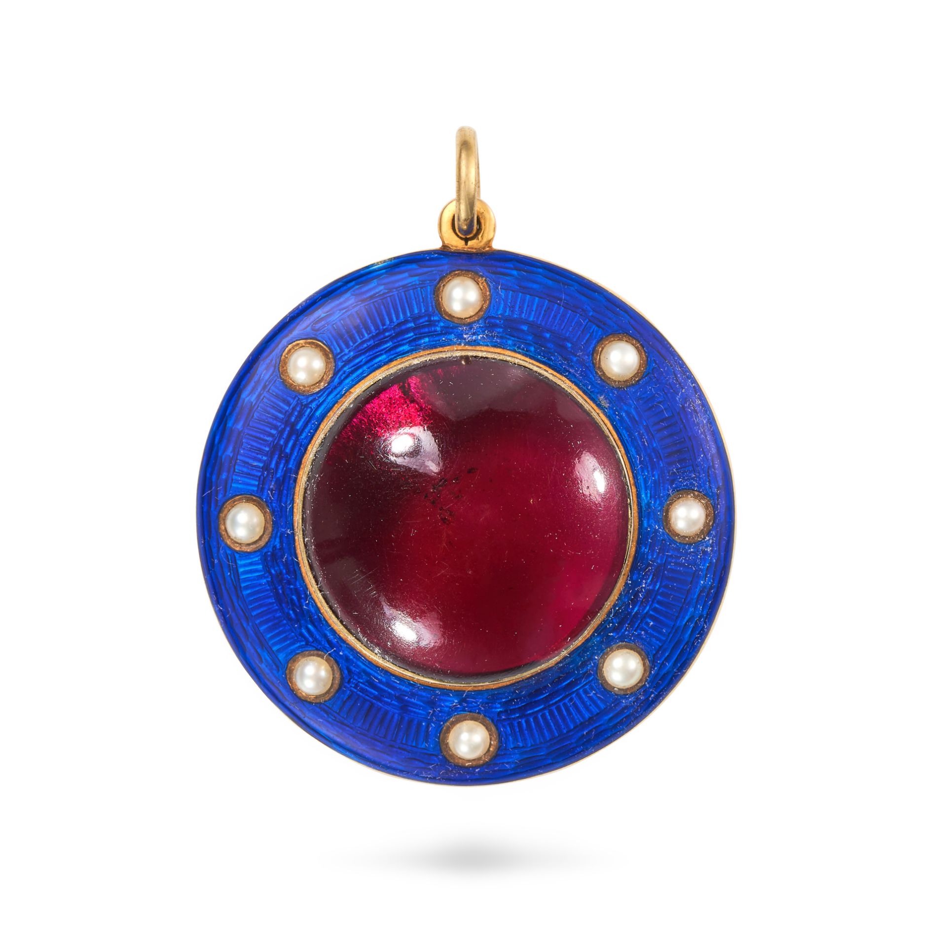 AN ANTIQUE GARNET, PEARL AND ENAMEL PENDANT in yellow gold, set with a round cabochon garnet in a...