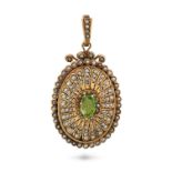 AN ANTIQUE PERIDOT AND PEARL LOCKET PENDANT the oval pendant set with an oval cut peridot accente...