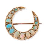 AN OPAL AND DIAMOND CRESCENT MOON BROOCH designed as a crescent moon set with a row of graduating...