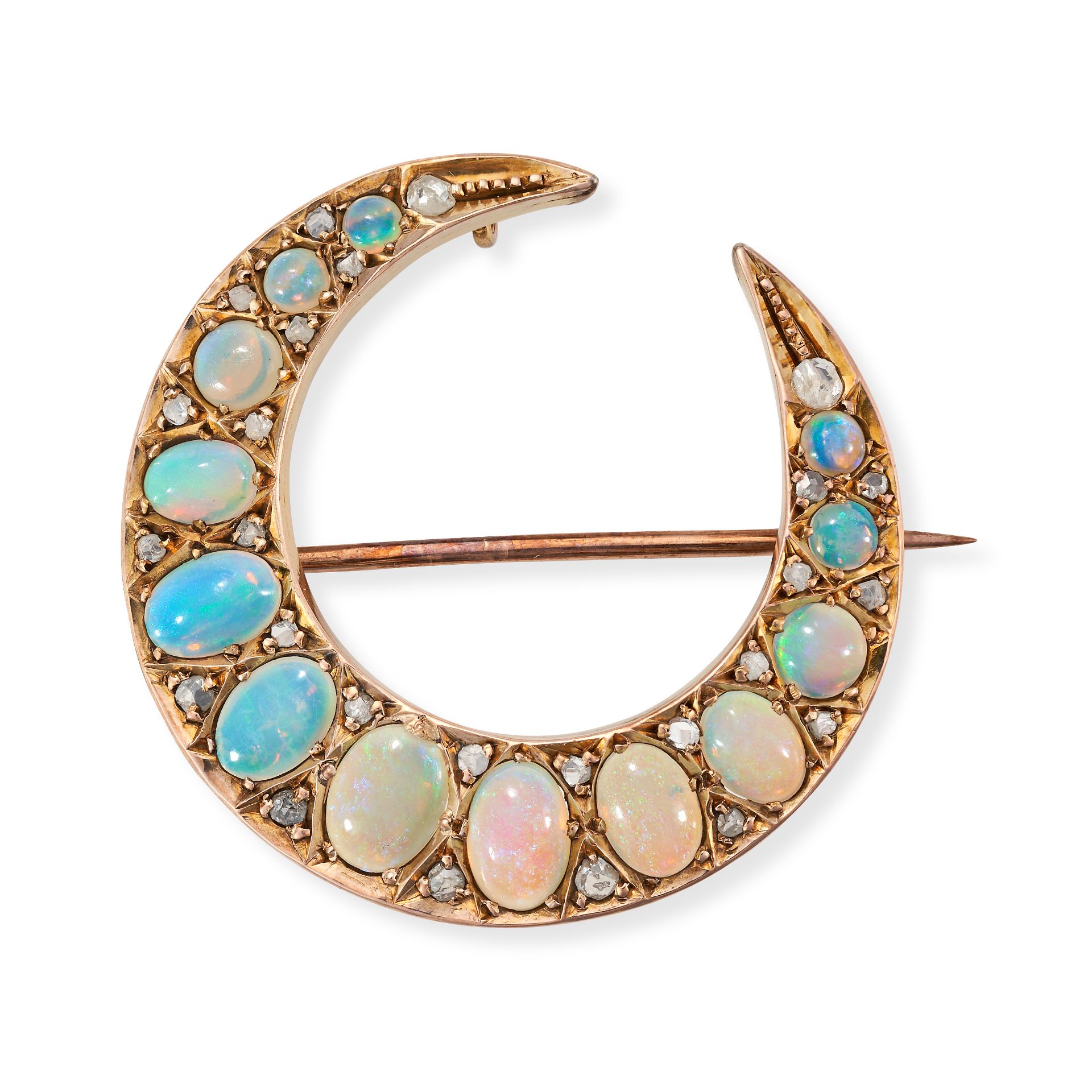 AN OPAL AND DIAMOND CRESCENT MOON BROOCH designed as a crescent moon set with a row of graduating...