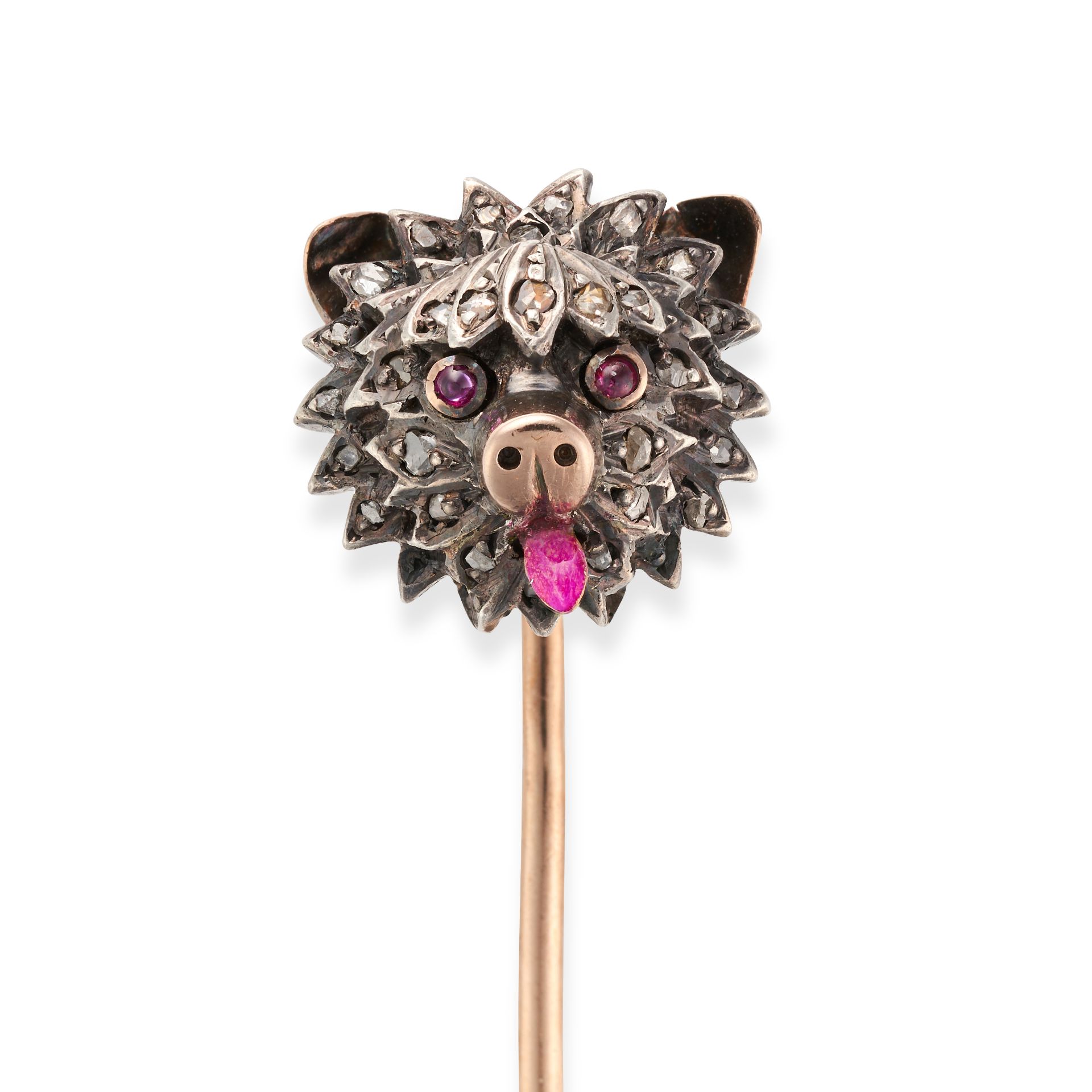 AN ANTIQUE FRENCH DIAMOND, RUBY AND ENAMEL STICK / TIE PIN in 18ct yellow gold and silver, design...