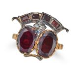 AN ANTIQUE GARNET AND DIAMOND SWEETHEART RING in yellow gold and silver, set with two oval cut ga...