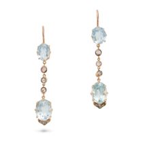 A PAIR OF AQUAMARINE AND DIAMOND DROP EARRINGS each set with an oval cut aquamarine suspending a ...