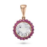 A WHITE TOPAZ AND RUBY CLUSTER PENDANT set with a round cut white topaz of approximately 7.28 car...