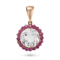 A WHITE TOPAZ AND RUBY CLUSTER PENDANT set with a round cut white topaz of approximately 7.28 car...