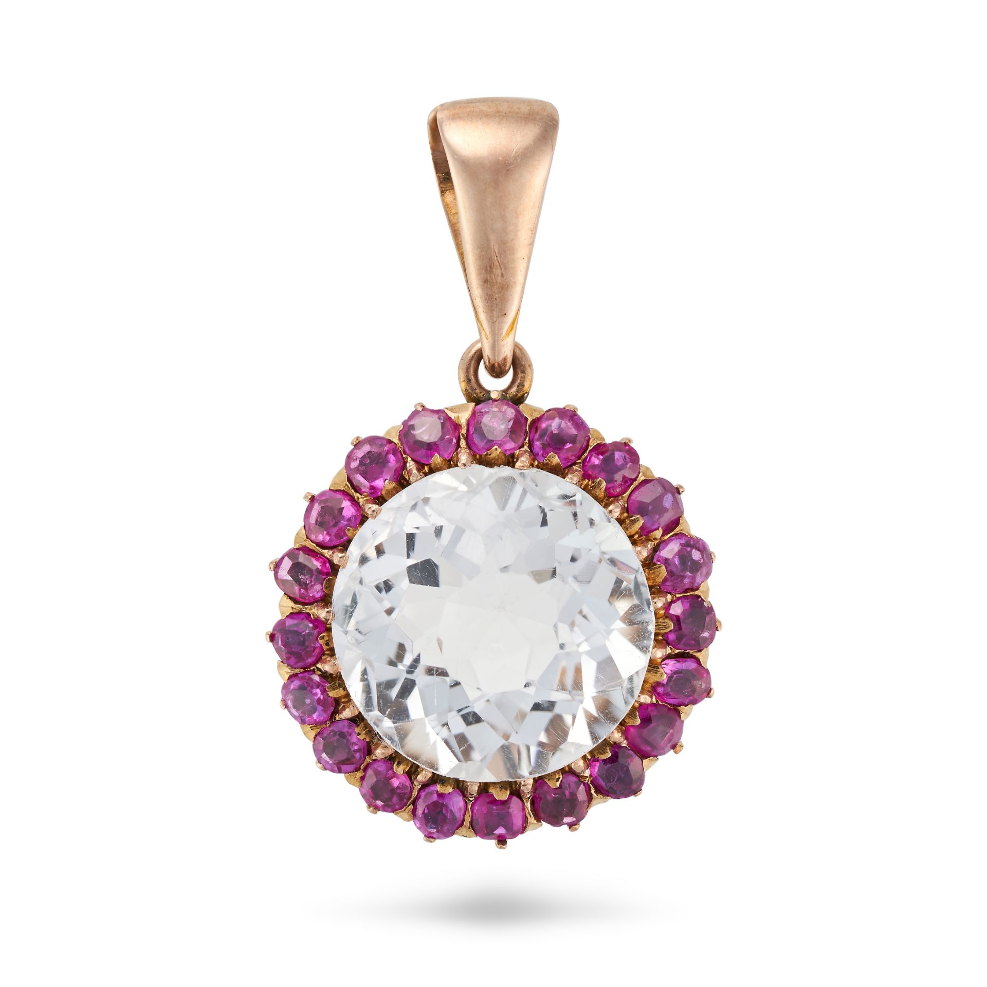 A WHITE TOPAZ AND RUBY CLUSTER PENDANT set with a round cut white topaz of approximately 7.28 car...