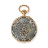 AN ANTIQUE FRENCH DIAMOND AND ENAMEL FOB WATCH in 18ct yellow gold, the silvered dial with painte...