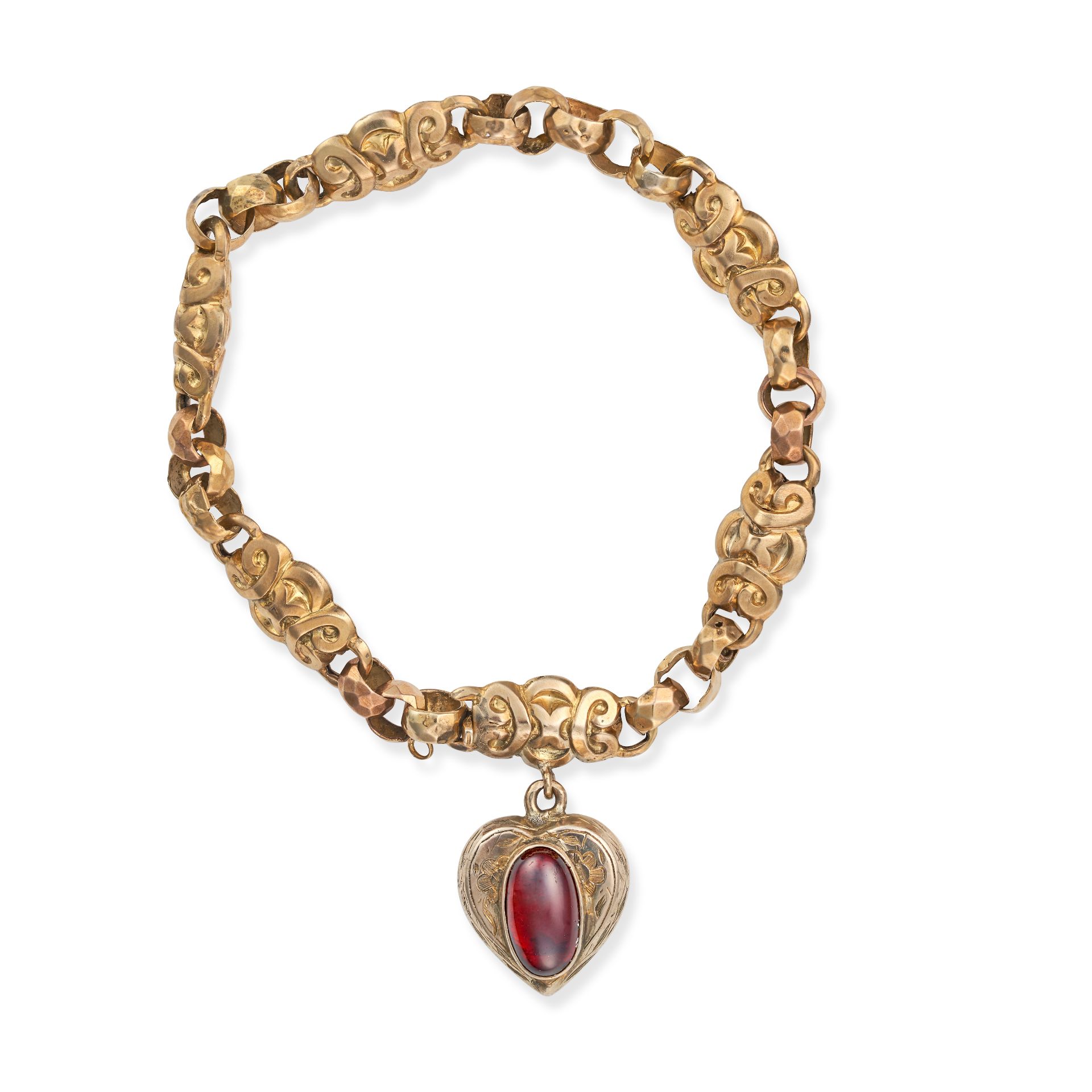 AN ANTIQUE GARNET HEART LOCKET BRACELET comprising a row of fancy links suspending a heart shaped...