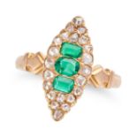 AN ANTIQUE EMERALD AND DIAMOND NAVETTE RING in yellow gold, set with three cushion cut emeralds a...