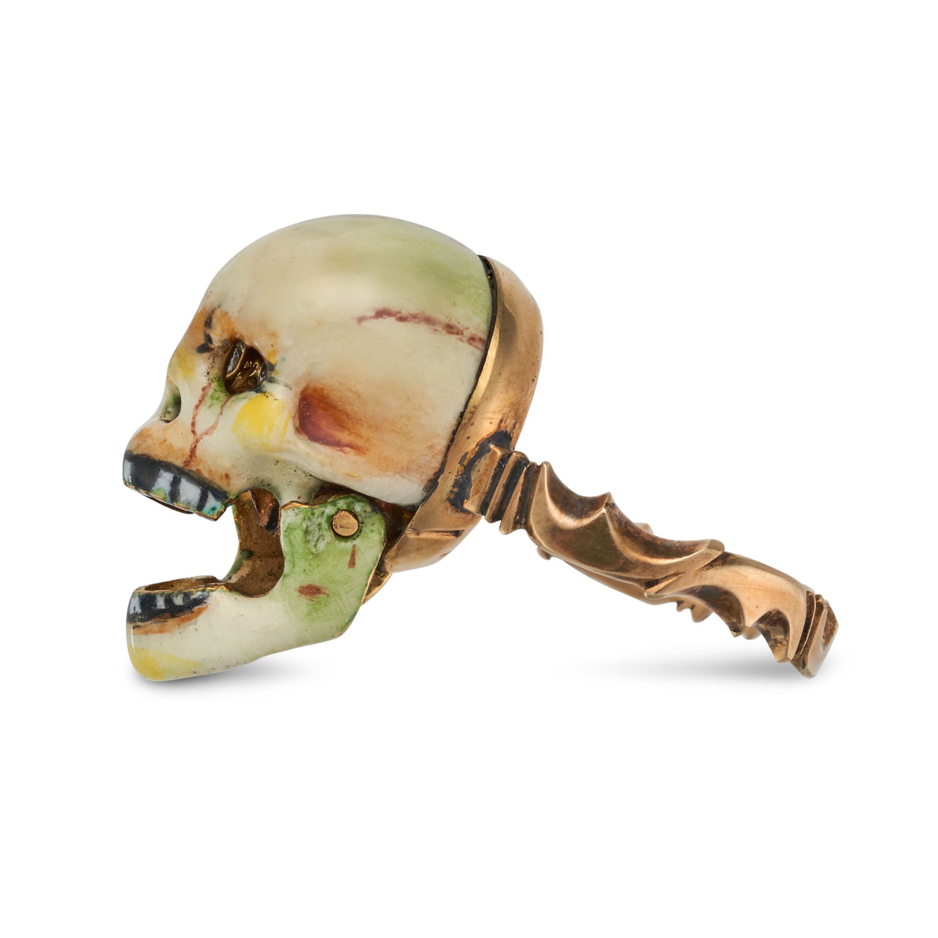 AN ENAMEL AND DIAMOND SKULL RING designed as a skull with an articulated jaw, decorated throughou... - Image 2 of 2