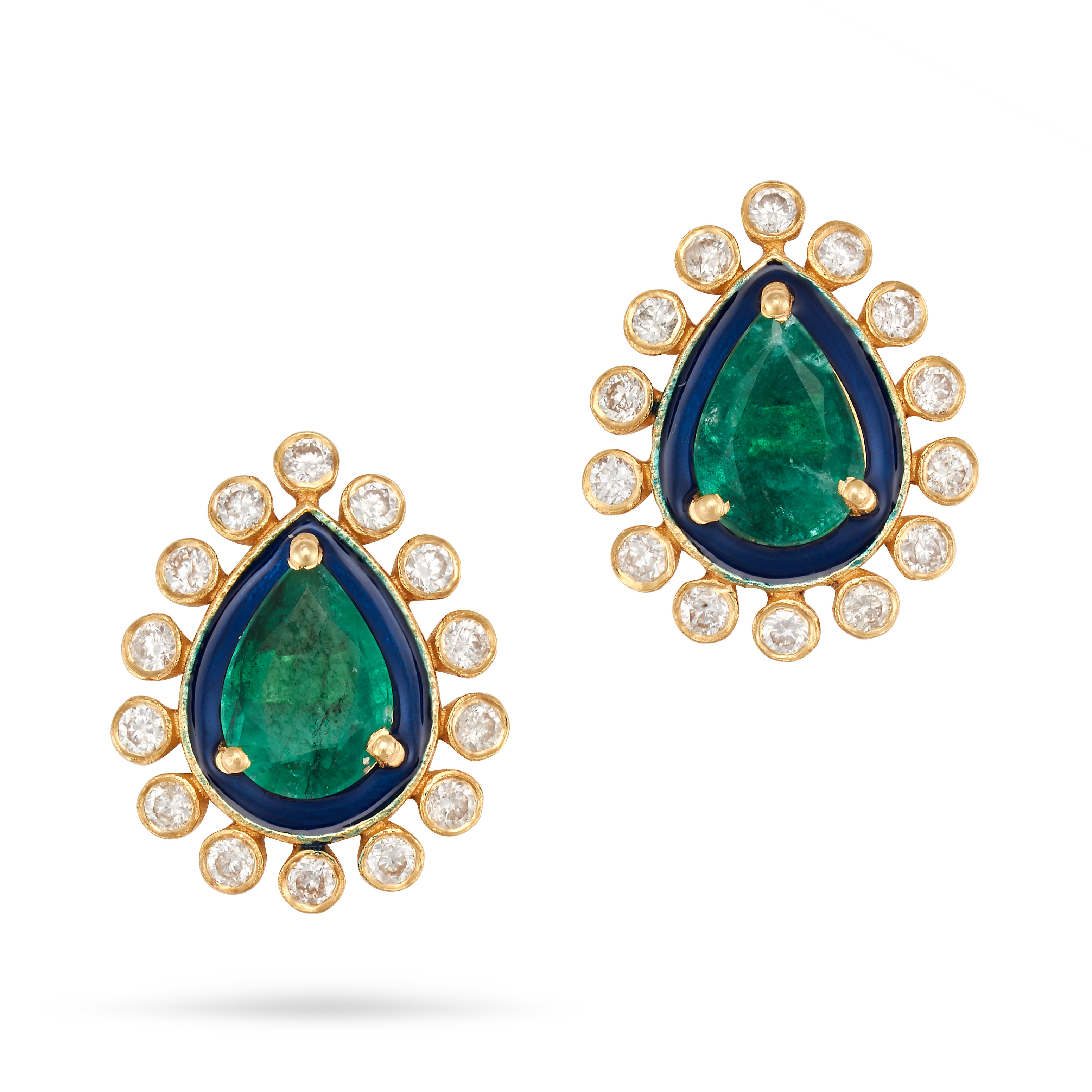 A PAIR OF EMERALD, ENAMEL AND DIAMOND EARRINGS each set with a pear cut emerald in a border of bl...