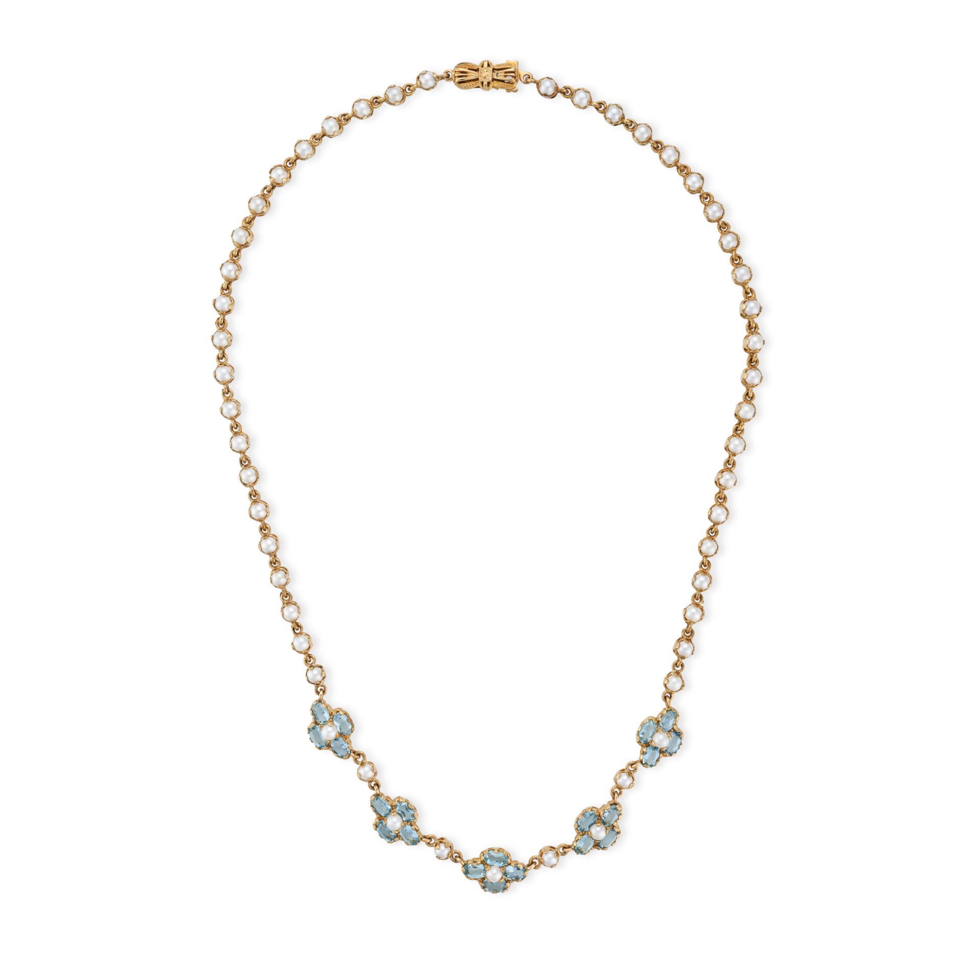 AN AQUAMARINE AND PEARL NECKLACE comprising a row of pearls accented by clusters of pearls and ov...