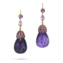 A PAIR OF AMETHYST, RUBY AND ROCK CRYSTAL DROP EARRINGS each set with a round cut amethyst suspen...