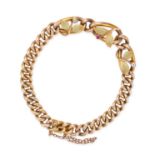 AN ANTIQUE DIAMOND, RUBY AND ENAMEL CURB BRACELET in 9ct yellow gold, comprising a row of curb li...