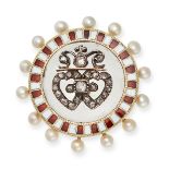 A FINE ANTIQUE ROCK CRYSTAL, DIAMOND, PEARL AND ENAMEL SWEETHEART BROOCH in yellow gold, set with...