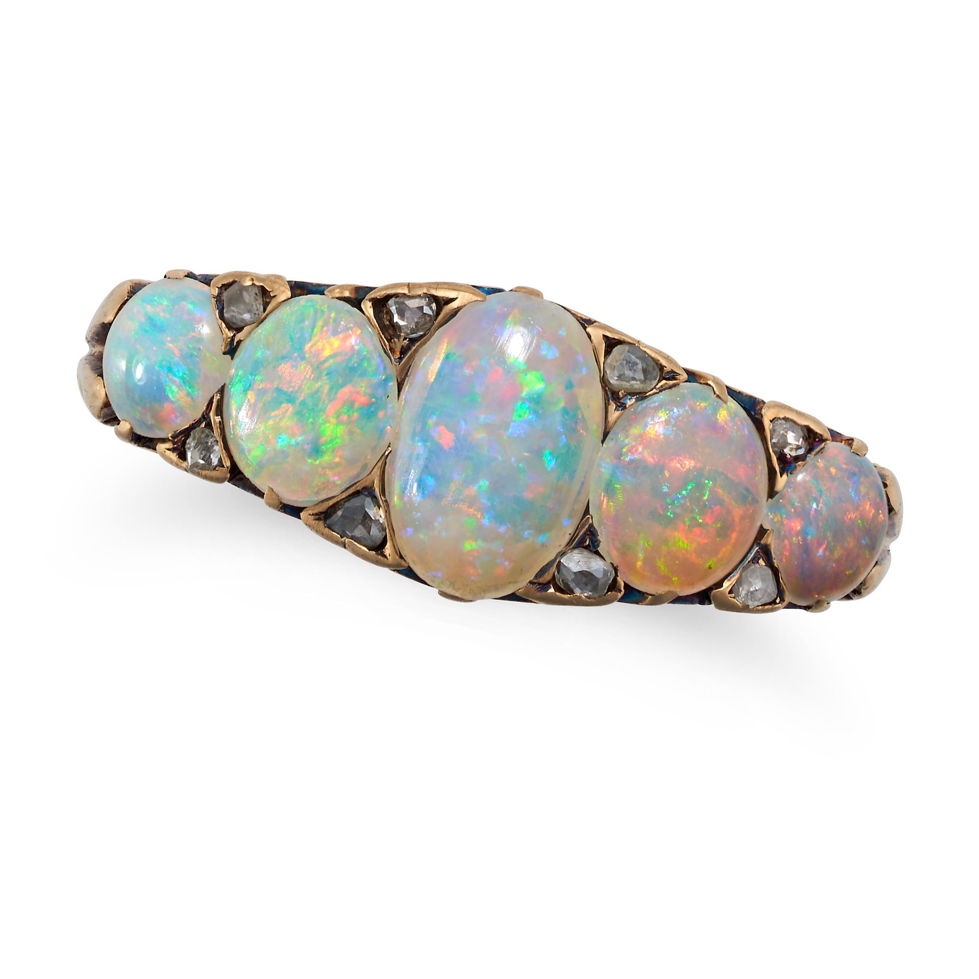 AN ANTIQUE OPAL FIVE STONE RING in yellow gold, set with five oval cabochon opals accented by ros...