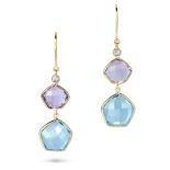 A PAIR OF BLUE TOPAZ, AMETHYST AND DIAMOND DROP EARRINGS each comprising a row of rose cut diamon...