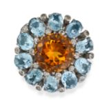 A CITRINE, AQUAMARINE AND DIAMOND COCKTAIL RING set with a round cut citrine in a cluster of oval...