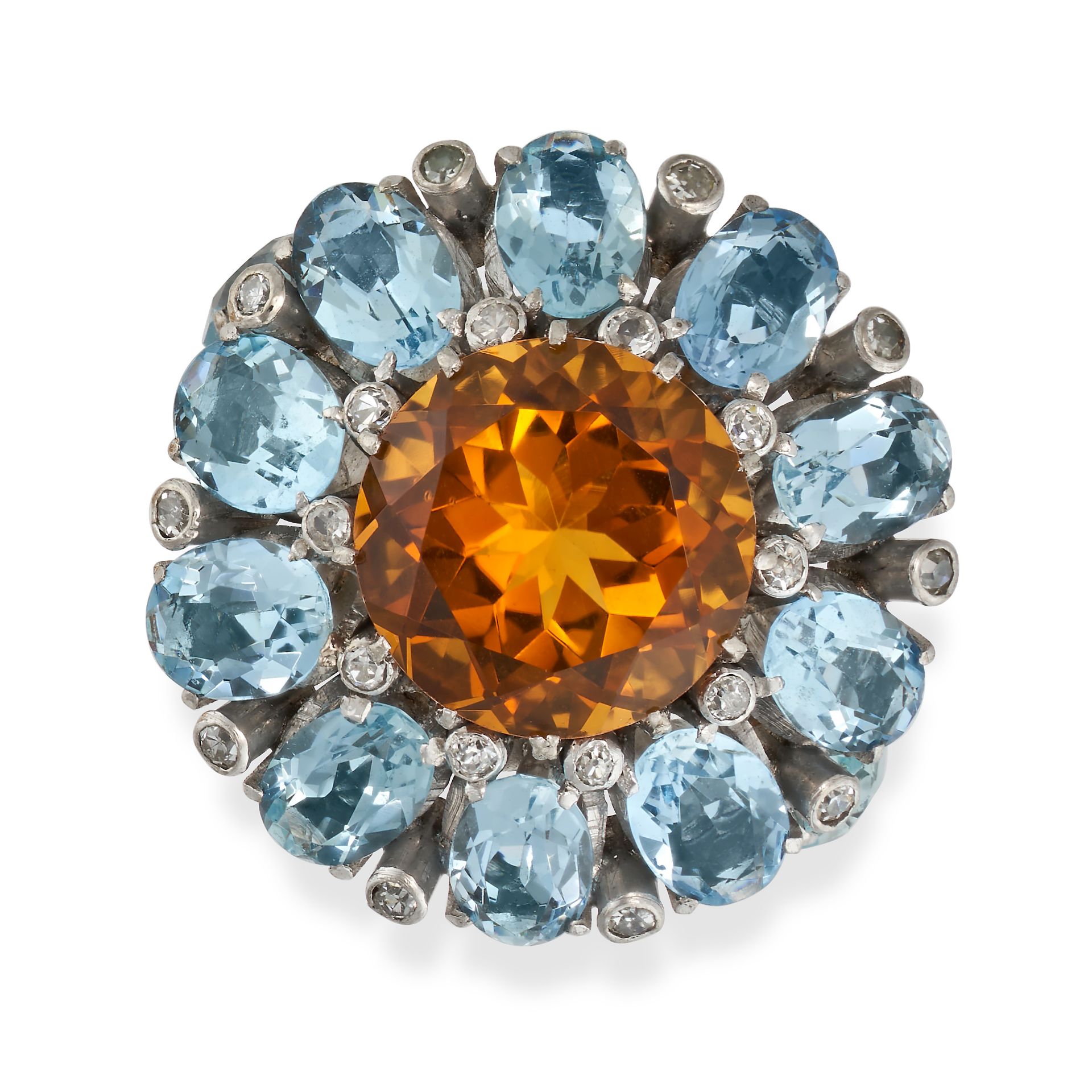 A CITRINE, AQUAMARINE AND DIAMOND COCKTAIL RING set with a round cut citrine in a cluster of oval...