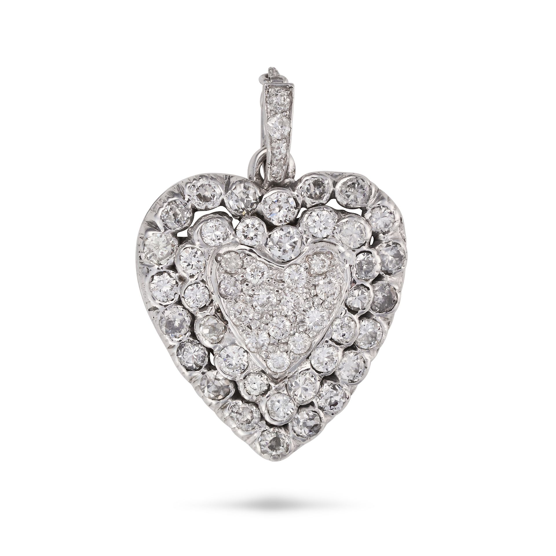 A DIAMOND HEART PENDANT designed as a heart set throughout with round brilliant, single and old c...