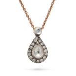 A DIAMOND PENDANT NECKLACE the pendant set with a pear shaped rose cut diamond in a border of rou...