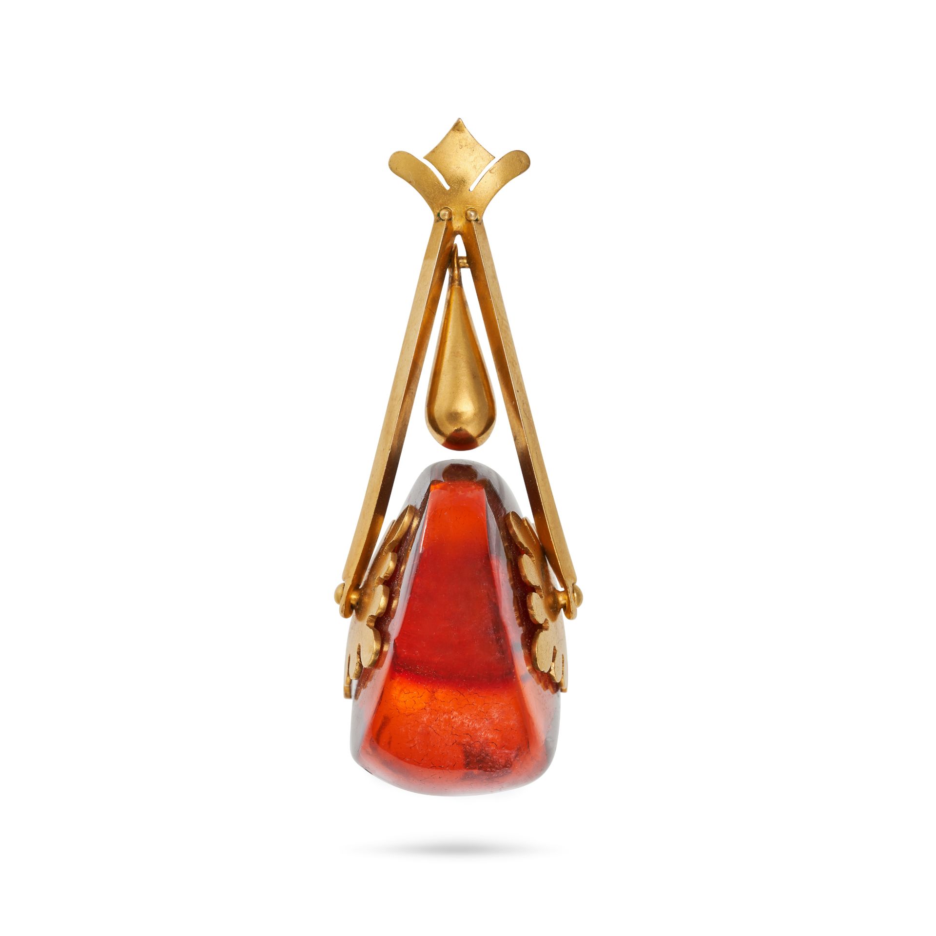 AN ANTIQUE AMBER DROP PENDANT in yellow gold, the tapering pendant with an articulated polished a...