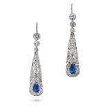 A PAIR SAPPHIRE AND DIAMOND DROP EARRINGS each set with a trio of single cut diamonds suspending ...