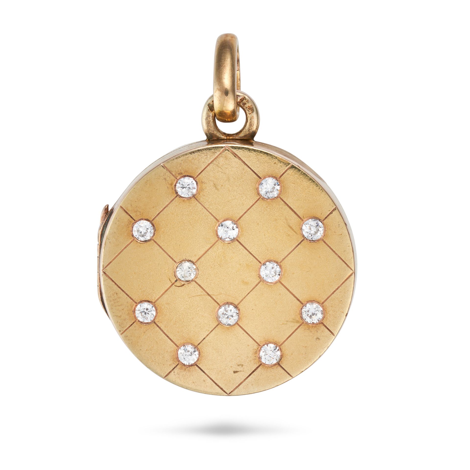 AN ANTIQUE DIAMOND LOCKET PENDANT in 14ct yellow gold, the circular pendant set with old European...