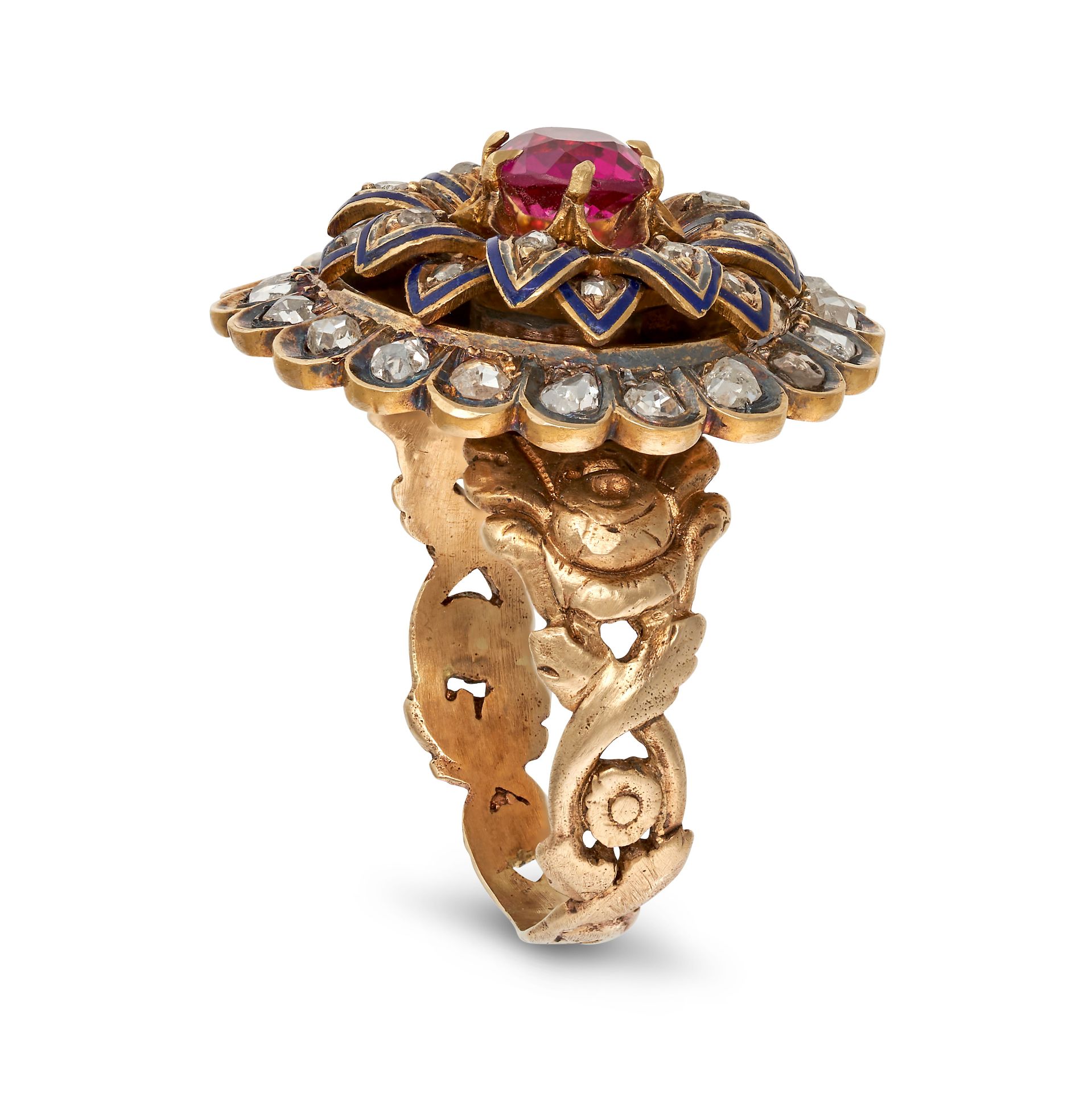 AN ANTIQUE SYNTHETIC RUBY, DIAMOND AND ENAMEL FLOWER RING in yellow gold, set with a round cut sy... - Bild 2 aus 2