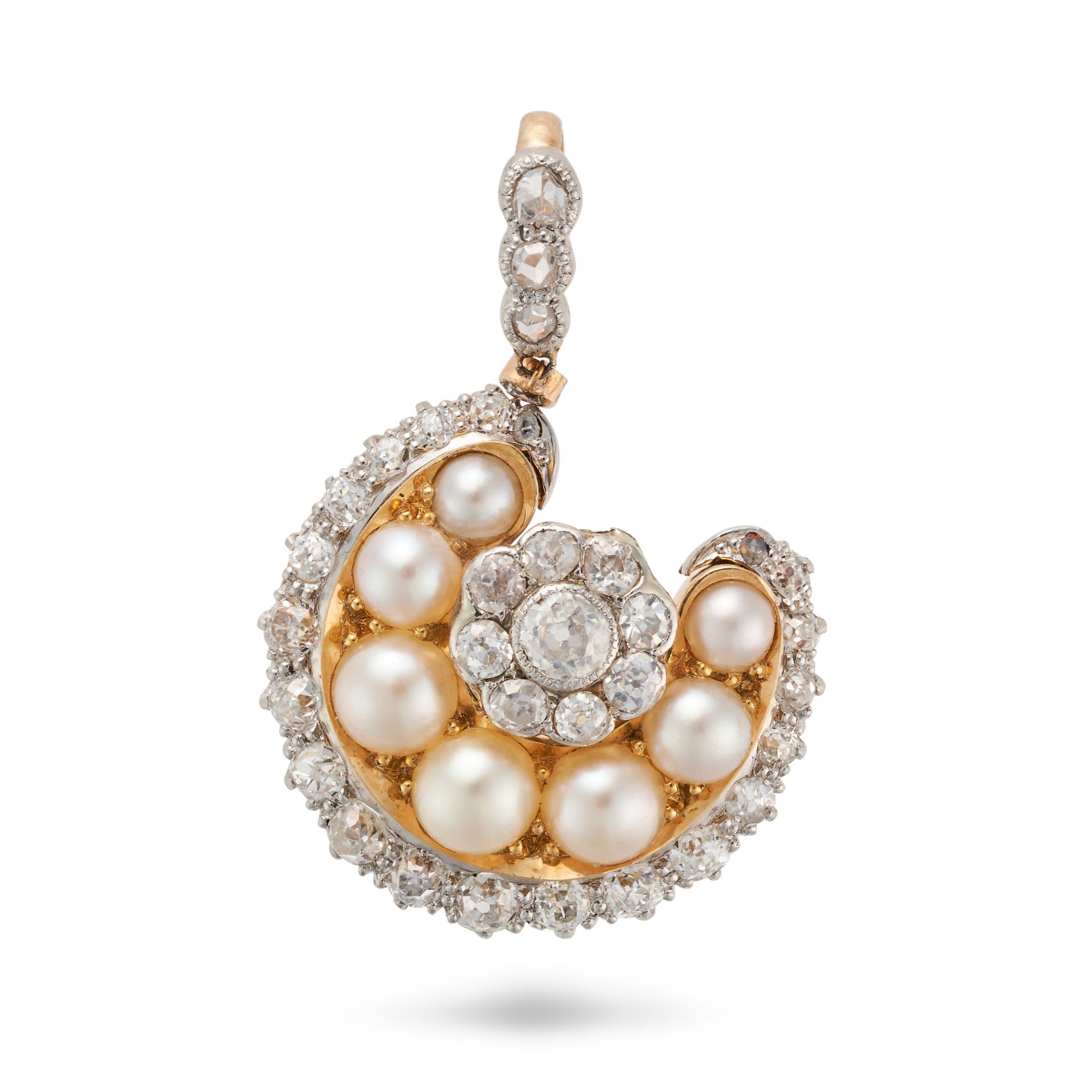 AN ANTIQUE DIAMOND AND PEARL HORSESHOE PENDANT designed as a horseshoe set with old cut diamonds ...